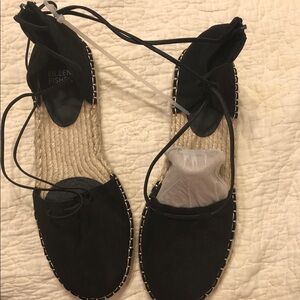 Eileen Fisher Black Canvas Espadrille Lace-Up Flats with Jute Sole